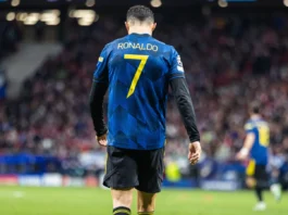 Rafael Leão wears Cristiano Ronaldo’s iconic No. 7 as Portugal faces a new era Cristiano Ronaldo wearing a blue No. 7 soccer jersey, viewed from behind on the field.