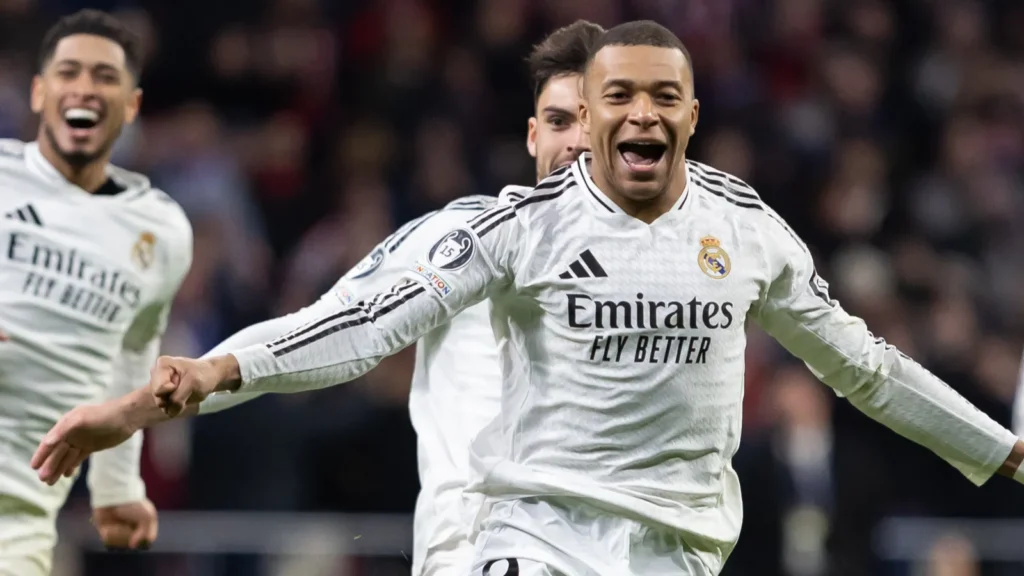 Kylian Mbappé of Real Madrid celebrates a goal
