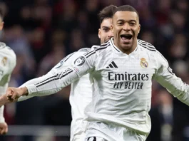 Kylian Mbappé of Real Madrid celebrates a goal