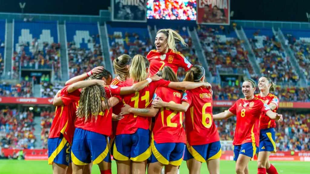 Spain women's national football team celebrating a victory
