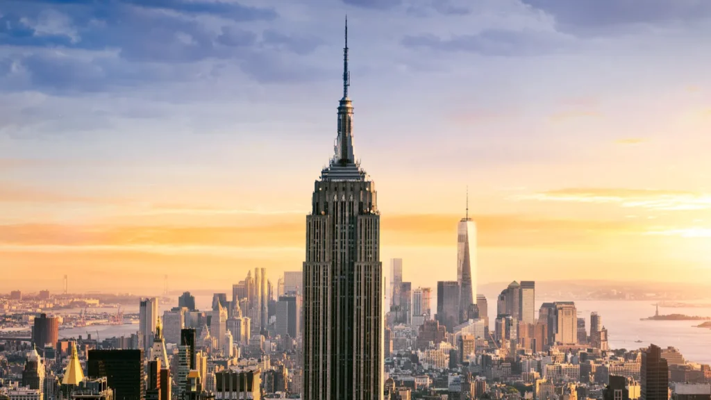 new york city skyline with urban skyscrapers at sunset usa