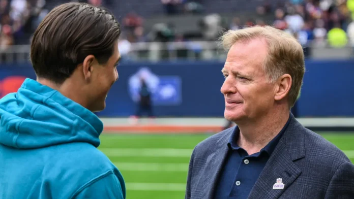 NFL commissioner Roger Goodell chats with Louis Reeszammit on the field