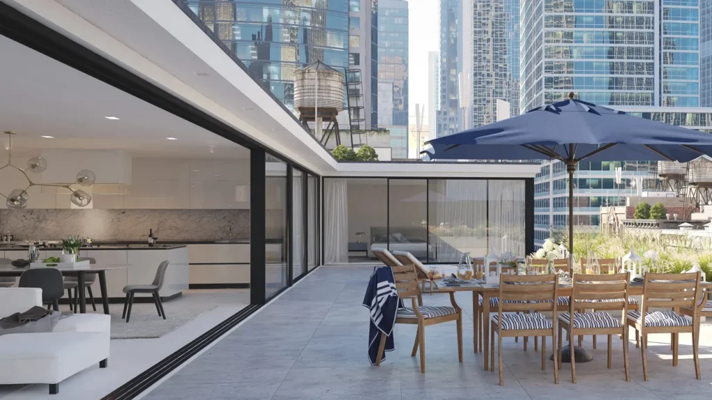 penthouse terrace in a big city 3d rendering