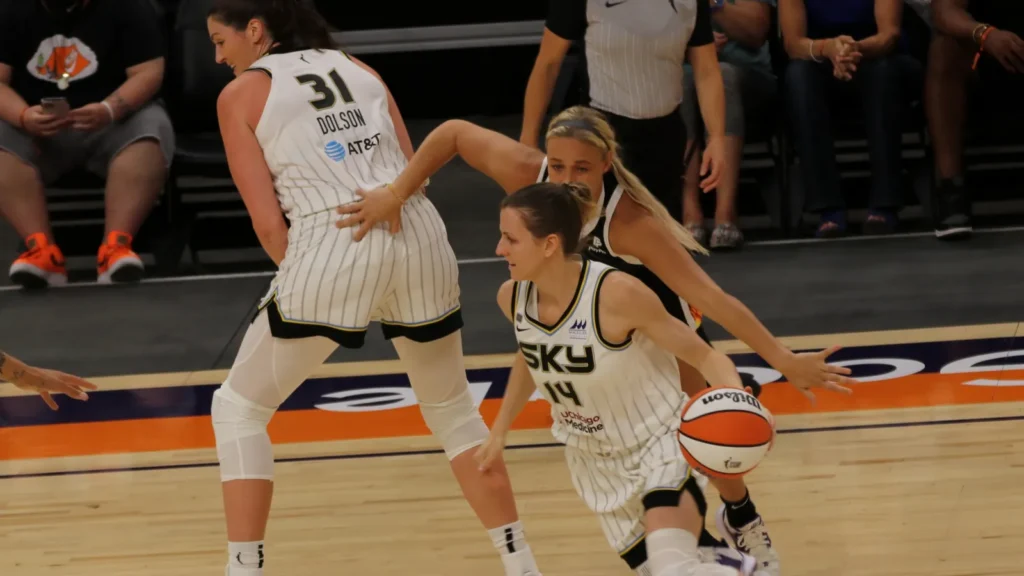 WNBA players compete during a professional basketball game.