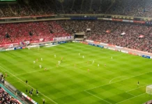 Football stadium during the game.