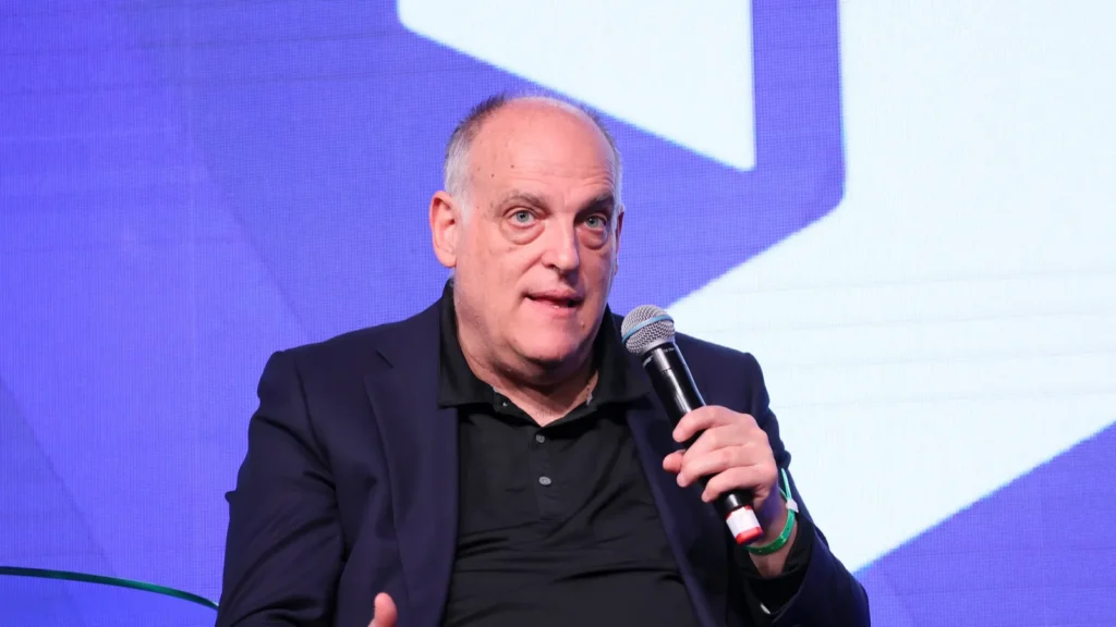 Javier Tebas, president of La Liga, speaking into the mic