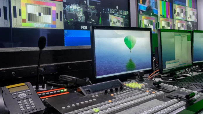 Television equipment in a television broadcasting studio.