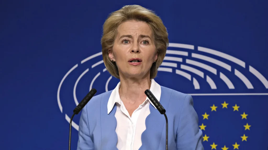 Ursula von der Leyen, President of the European Commission, at the press conference.