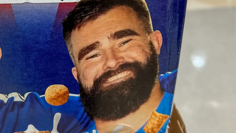 Philadelphia Eagles center Jason Kelce on a cereal box packaging