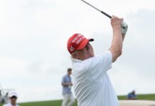 Sportswriter who tracked Trump’s golf for 26 years raises new doubts over his latest title Former President Trump watches his shot down the fairway during the LIV Pro-Am held at the Trump National Golf Club in Bedminster,NJ.