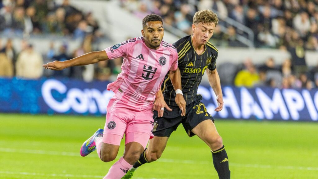 Inter Miami's Yannick Bright and Los Angeles FC's Nathan Ordaz vie for the ball during an Concacaf Champions Cup quarterfinal soccer game at BMO Stadium.