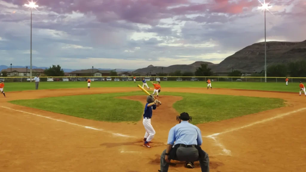 A player bats in a baseball game