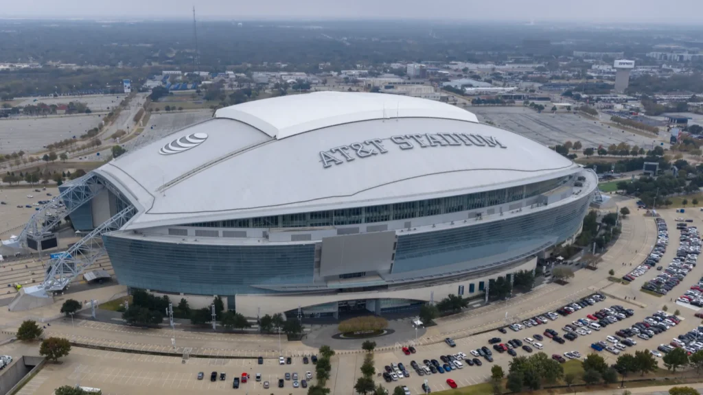 aerial view of att stadium in arlington highlights its massive