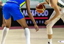 Basketball match in action
