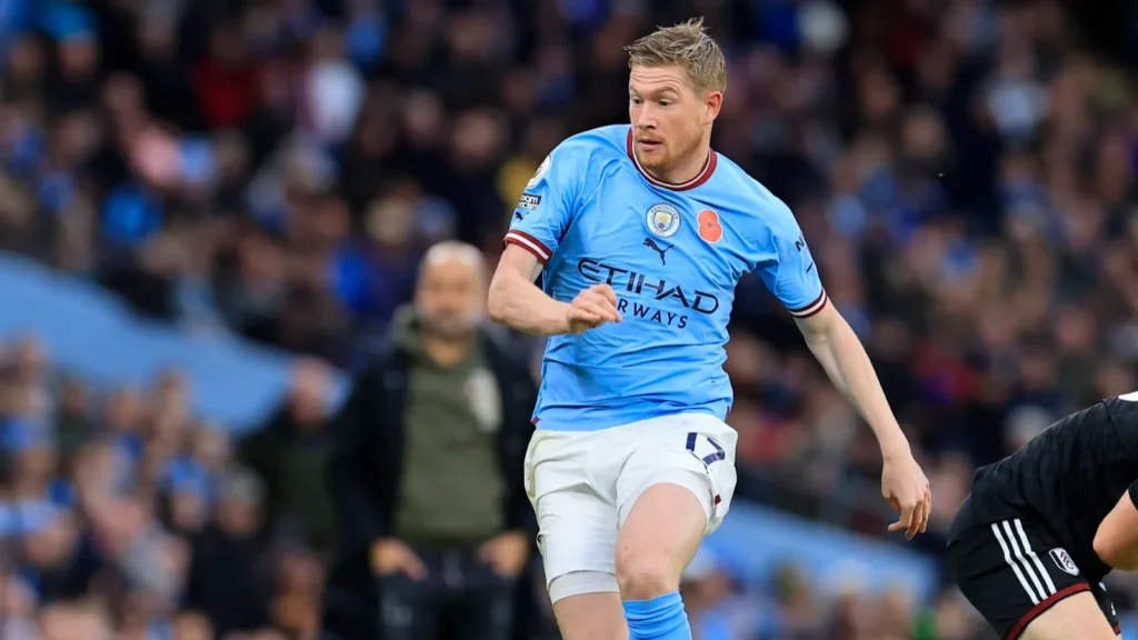 kevin de bruyne 17 of manchester city runs past harrison