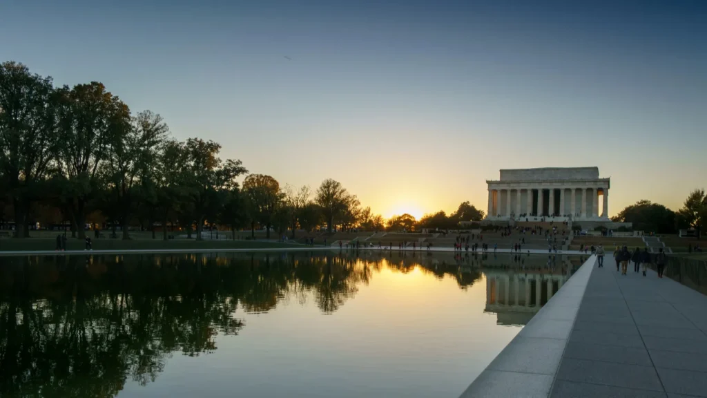 Lincoln Memorial and the Reflecting Pool at dusk.