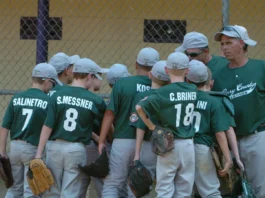 Little League baseball game team in action.