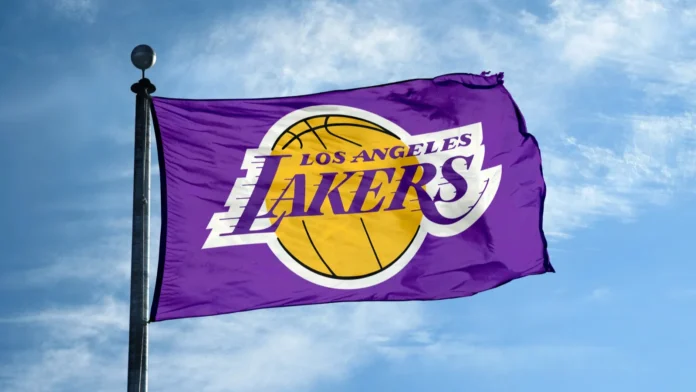 los angeles october 24 2017 waving flag on LA Lakers logo on a flag