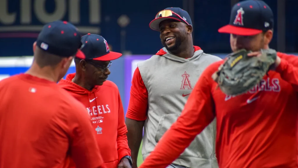 The Los Angeles Angels players warming up