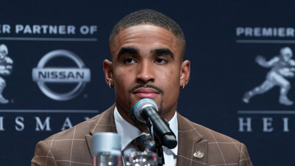 Jalen Hurts addresses media during pre-announcement press conference