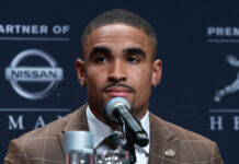 Jalen Hurts addresses media during pre-announcement press conference