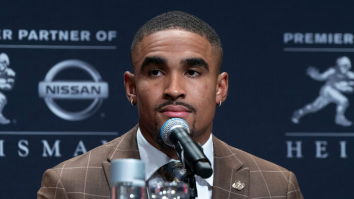 Jalen Hurts addresses media during pre-announcement press conference