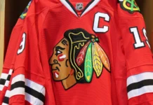 The Chicago Blackhawks' jersey on display at NHL store