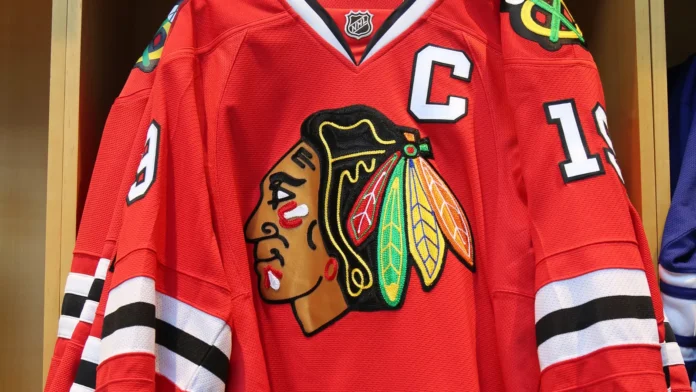 The Chicago Blackhawks' jersey on display at NHL store