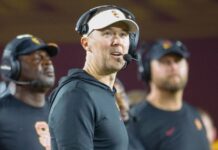 Southern California head coach Lincoln Riley during an NCAA college football game against the Arizona, Oct. 7, 2023 in Los Angeles.