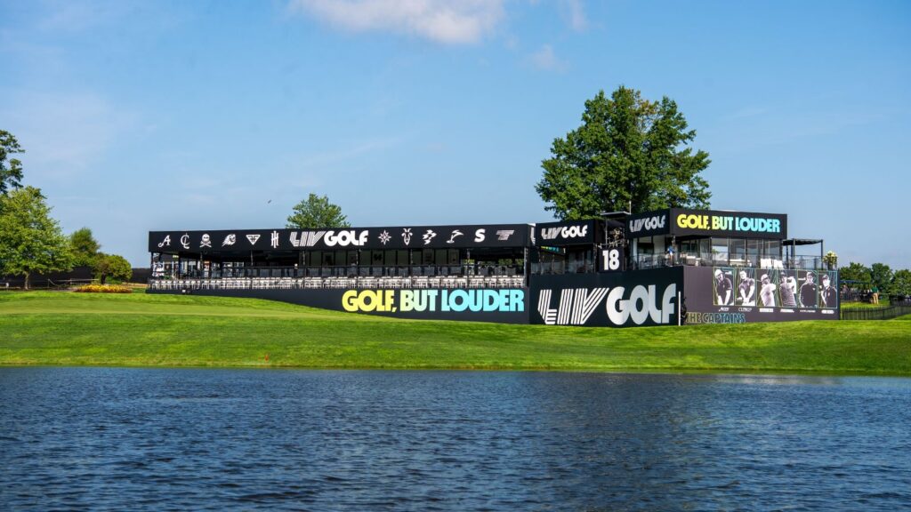 Signs at the 18th hole greet the LIV Golf Fans at the LIV Golf Tournament held at the Trump National Golf Club in Bedminster,N