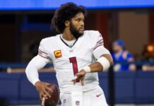 Arizona Cardinals quarterback Kyler Murray #1 warms up prior to an NFL football game against the Los Angeles Rams at SoFi Stadium, Dec. 28, 2024, in Inglewood, Calif.