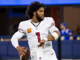 Arizona Cardinals quarterback Kyler Murray #1 warms up prior to an NFL football game against the Los Angeles Rams at SoFi Stadium, Dec. 28, 2024, in Inglewood, Calif.