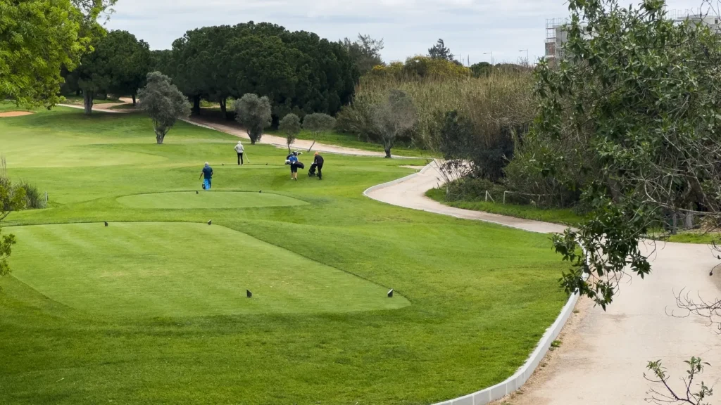 Aerial view of a green golf course