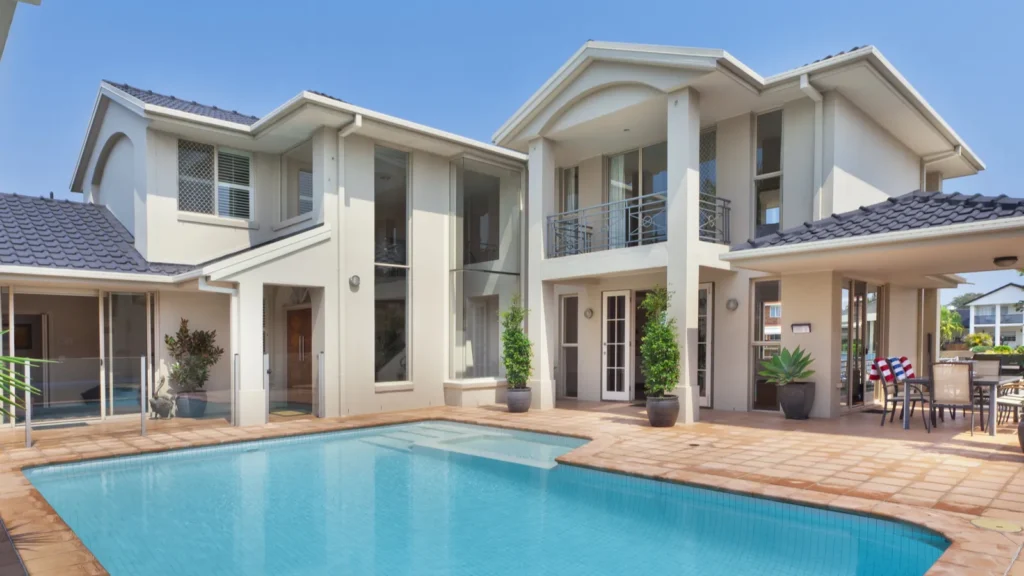 A backyard with a pool