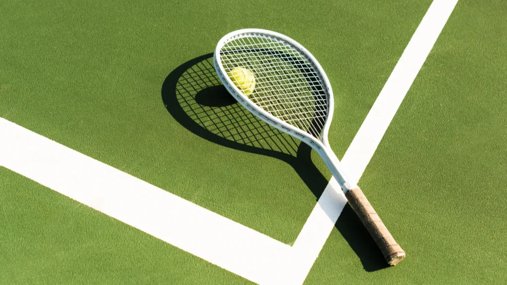 Close up view of tennis racket and ball