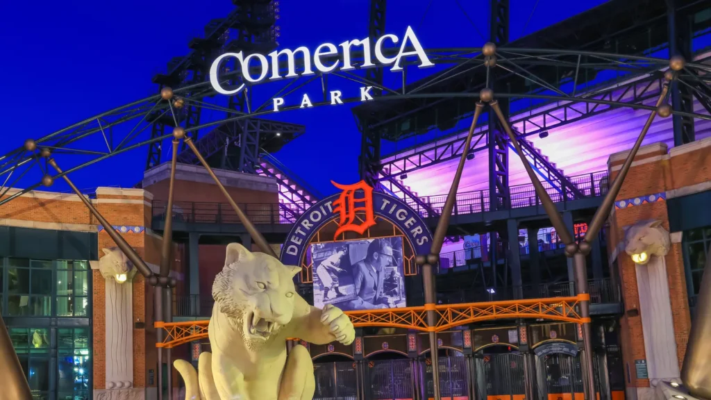 detroit michigan usa  august 30 2020 entrance of comerica