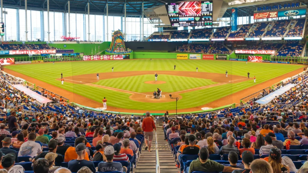 fans watching a baseball game at the miami marlins stadium