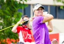 Anna Nordqvist makes a shot during golf match.