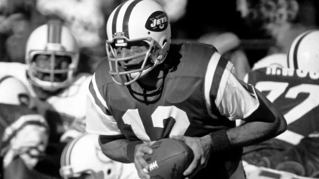 Joe Namath, quarterback for the New York Jets, in game action during an NFL game