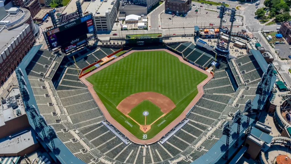 Aerial view of a Comerica Park Baseball stadium