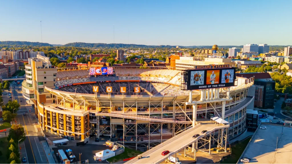 Neyland Stadium, the famous home field for the Tennessee Volunteers football team at the University of Tennessee in Knoxville, Tennessee.