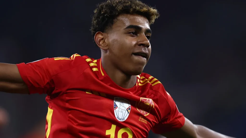 lamine yamal of spain gestures during the uefa