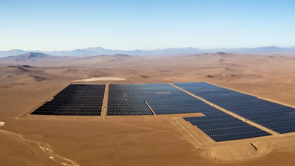 Large-scale solar farm in an arid landscape.