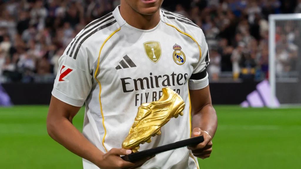 Madrid player holding a golden football award.