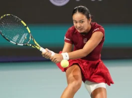 Alexandra Eala in action during a tennis tournament.