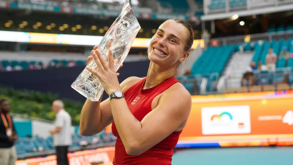 Aryna Sabalenka celebrates a victory