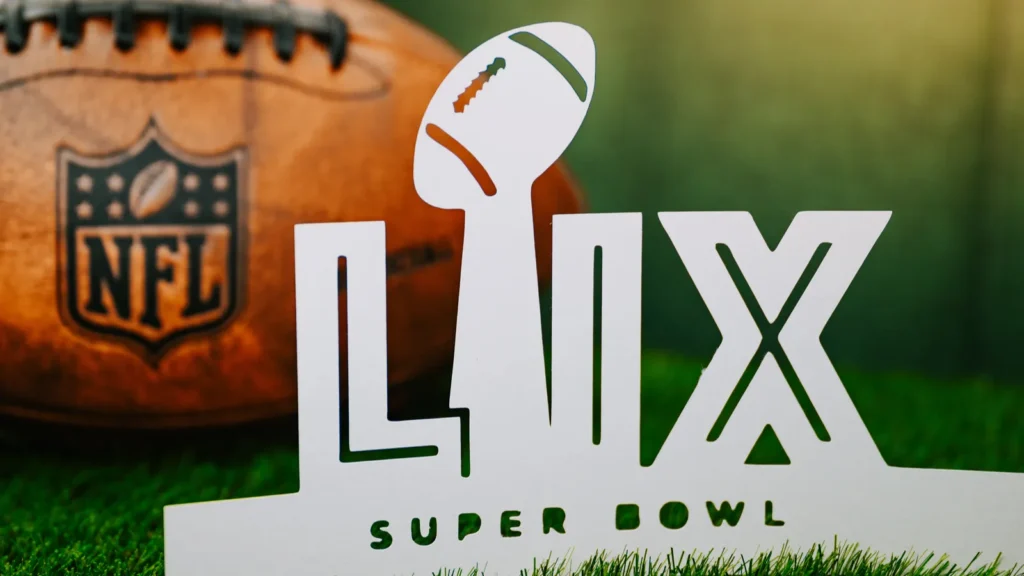 An official NFL Super Bowl LIX logo featuring white roman numerals and the Vince Lombardi Trophy in front of a football.