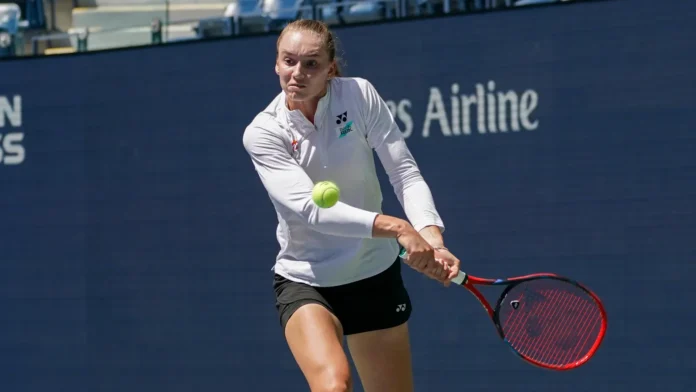 Elena Rybakina in action during a tennis match.