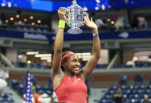 Coco Gauff celebrating her victory