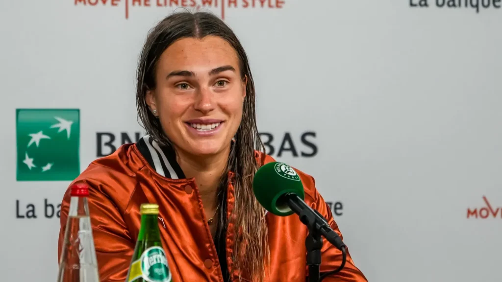 Aryna Sabalenka speaking at a press conference